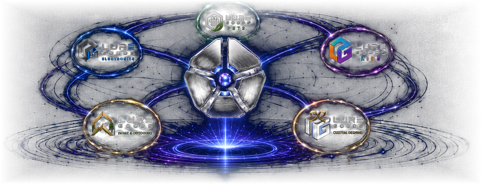 The Lure Goods parent emblem orbited by the five brand worlds