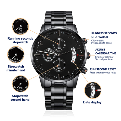 Close-up of engraved black chronograph watch features, including stopwatch functions and date display.